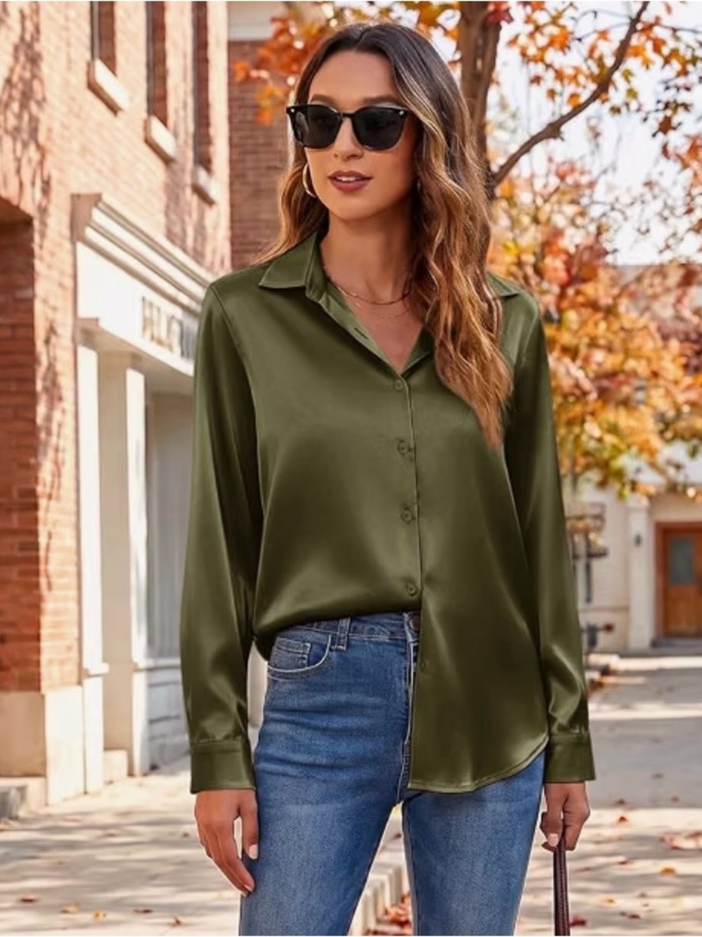 Reitmans Olive Green Satin Button-Down Shirt